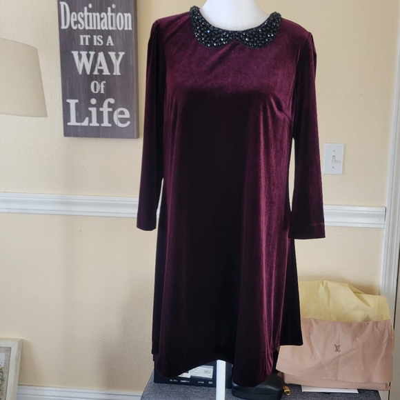 Betsey Johnson Velour Jeweled Neckline Dress in Burgundy - Picture 1 of 11
